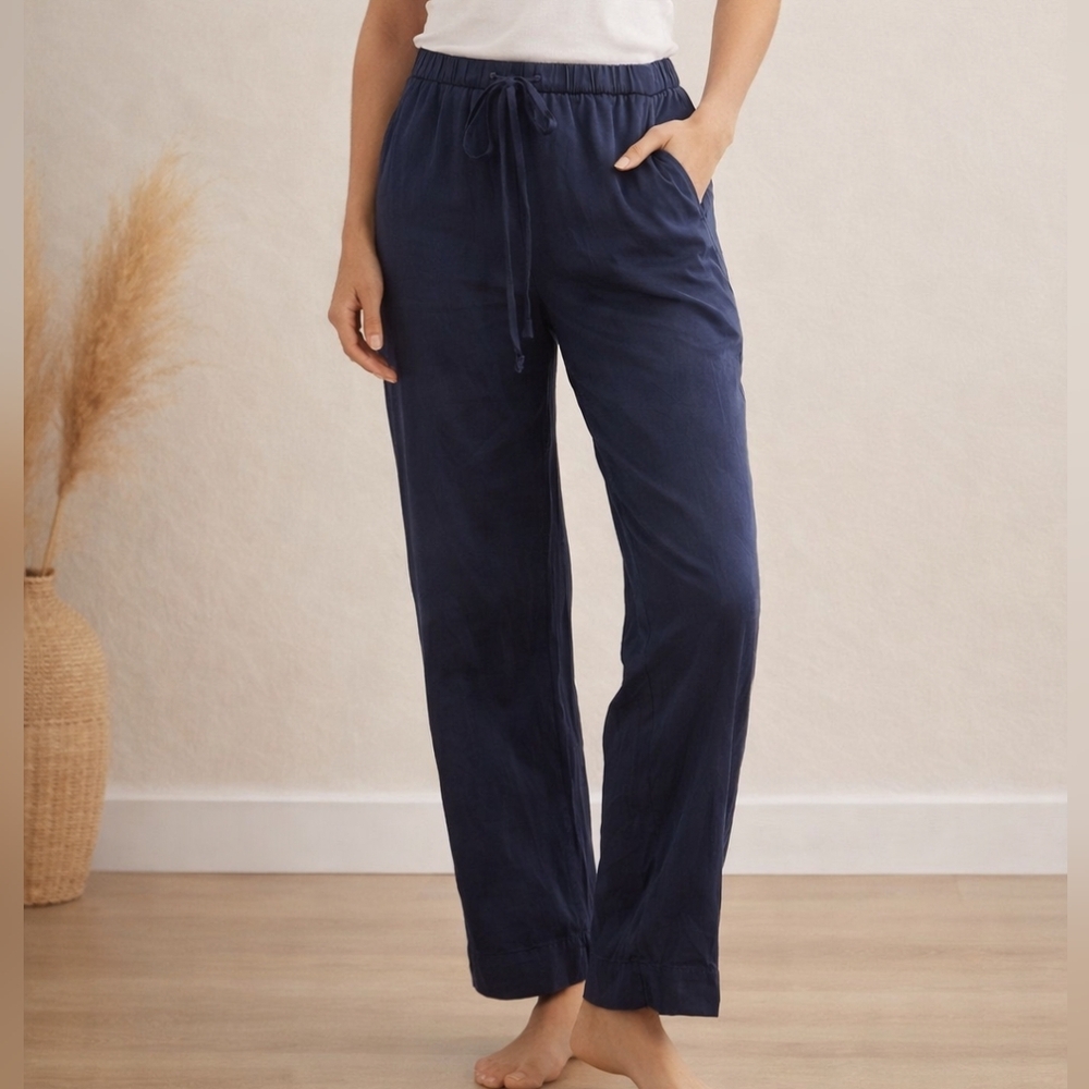 Mommesilk 100% Mulberry Silk Pants XS Navy Blue Drawstring Lounge Pants Women